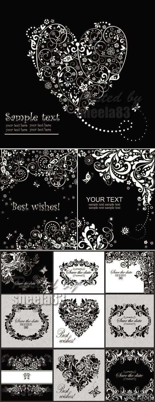 Black and White Floral Cards Vector