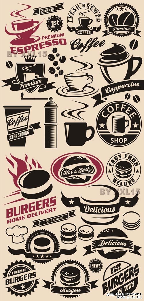 Coffee and burgers retro labels