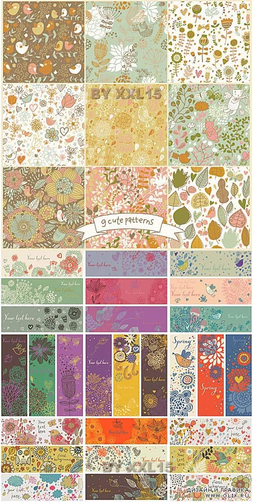 Cute floral patterns and banners