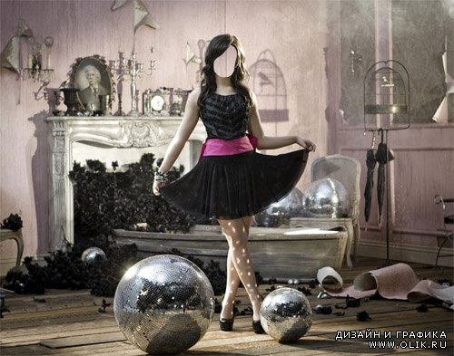  Шаблон для фотомонтажа - Музыкальная фотосессия девушка среди дискотечных шаров 