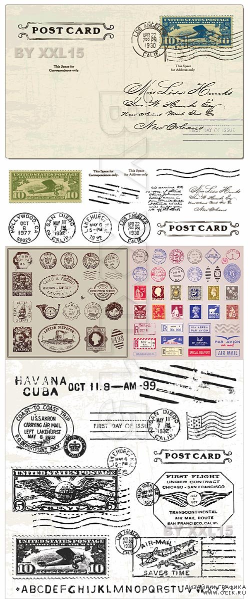 Vintage postcard and stamps
