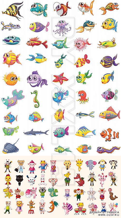 Cartoon fishes and animals
