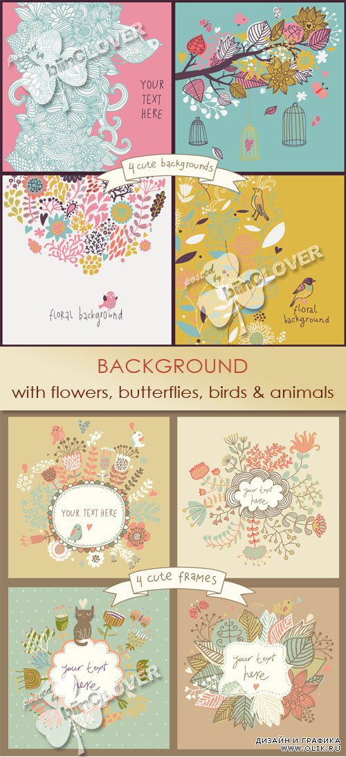 Background with flowers, butterflies, birds and animals 0454