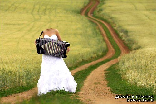  Шаблон для фотошопа - В свадебном платье в поле, играя на баяне 
