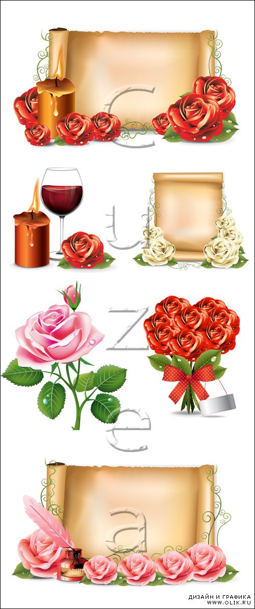 Scroll, roses and wine - vector
