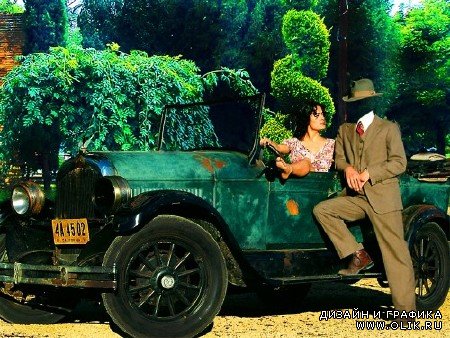 Шаблон для мужчин-парень и девушка возле старинного автомобиля