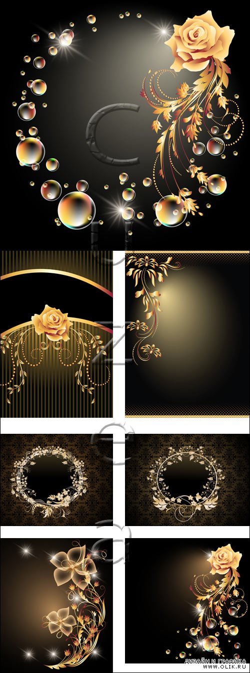Винтажные цветочные фоны с золотыми элементами в векторе / Vintage floral gold elements in vector
