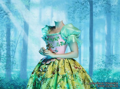  Шаблон для фотомонтажа - Милая Белоснежка в ярком платье в лесу 