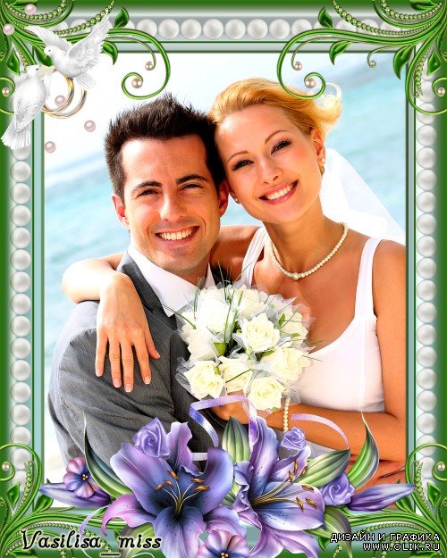 Свадебная фоторамка с жемчугом,голубями и лилиями