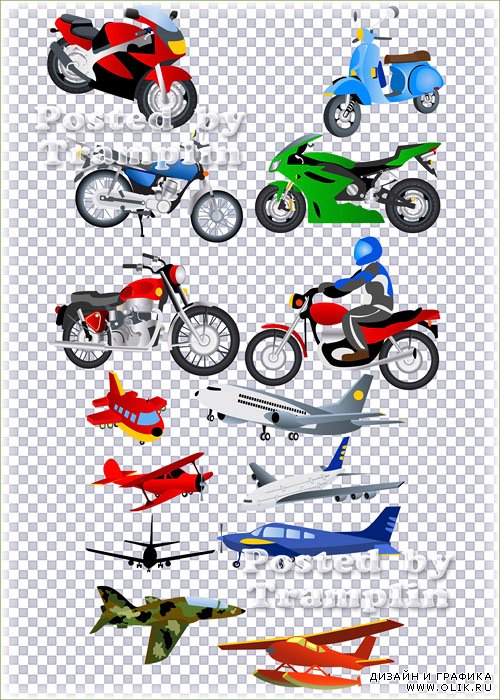 Клипарт в Psd – Нарисованные мотоциклы и самолеты