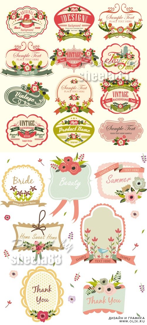 Cute Labels with Flowers Vector