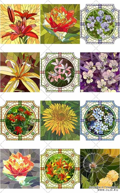 Иллюстрации с цветами в виде мозаики, Vector