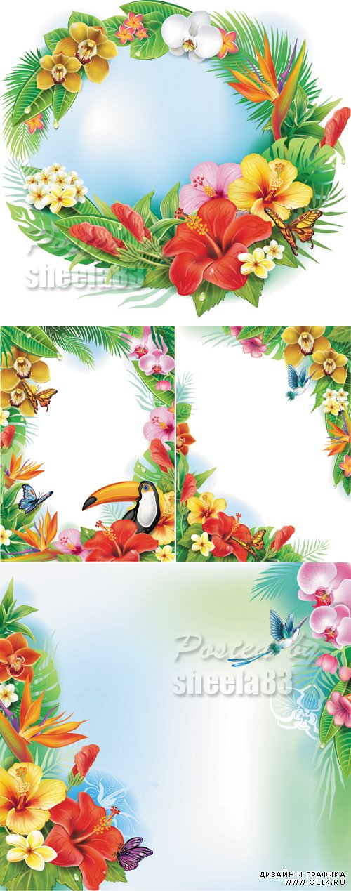 Tropical Flowers Backgrounds Vector 2