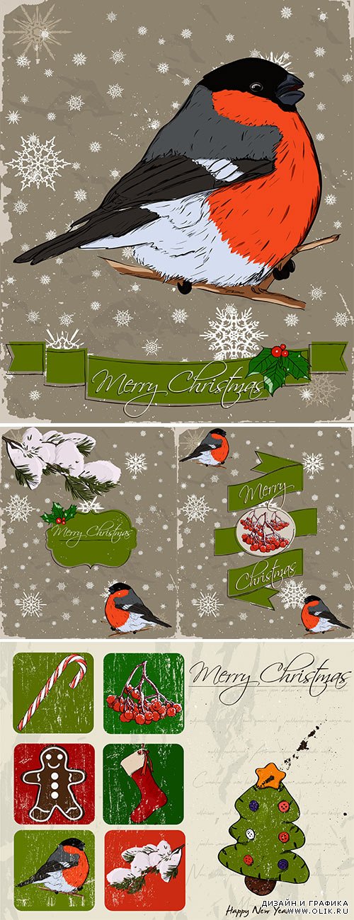 Christmas cards with bullfinches - Новогодние открытки со снегирями