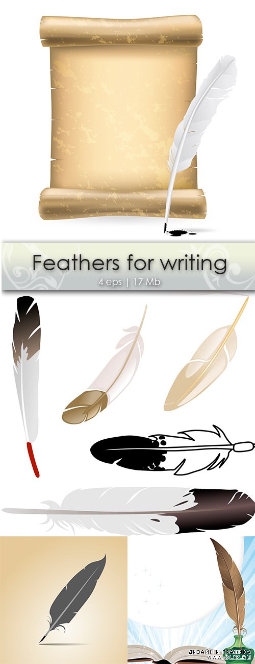 Feathers for writing - Перо для письма, чернильница, пергамент