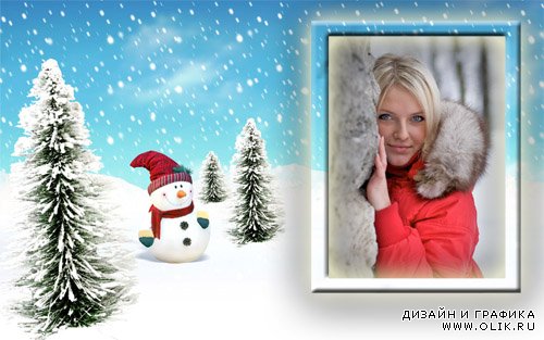  Рамка для фотошоп - Радостный снеговик в елках 