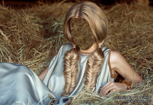  PSD шаблон - Блондинка с бесподобными косами лежит на сеновале 