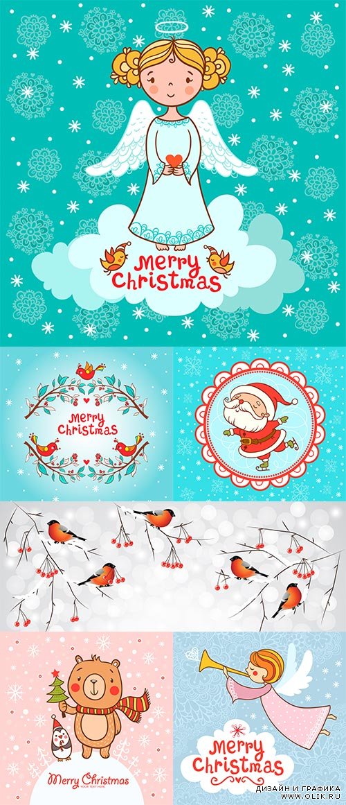 Christmas angel - Новогодние открытки с ангелом, мишкой, дедом морозом и снегирями в векторе