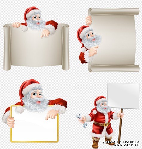 Клипарт - Дед морозы с поздравительными свитками и плакатами на прозрачном фоне PSD