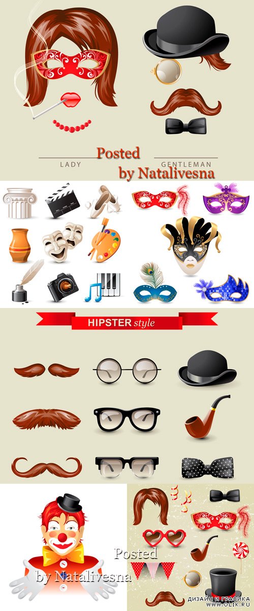 Карнавальные маски, шляпы и усы в Векторе 