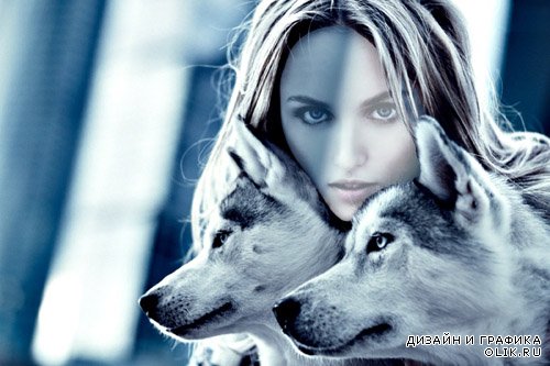  Девушка с 2 волками - шаблон для фото 