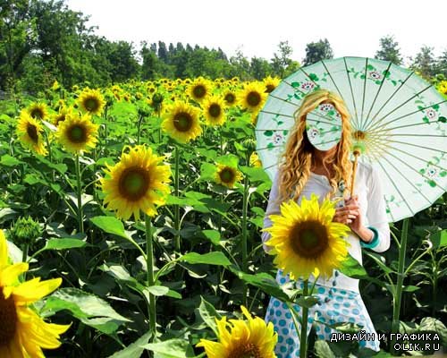 Шаблон для PHSP - Красотка в поле подсолнухов с зонтиком
