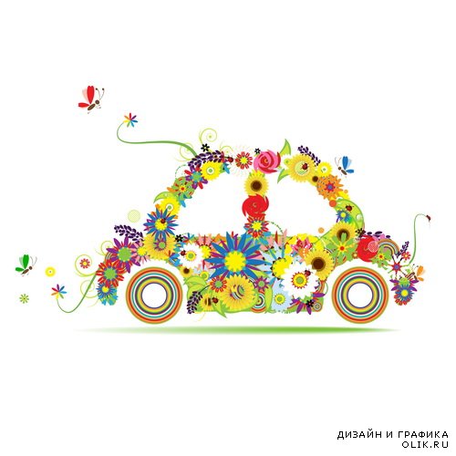 Векторный клипарт - Цветы и машины