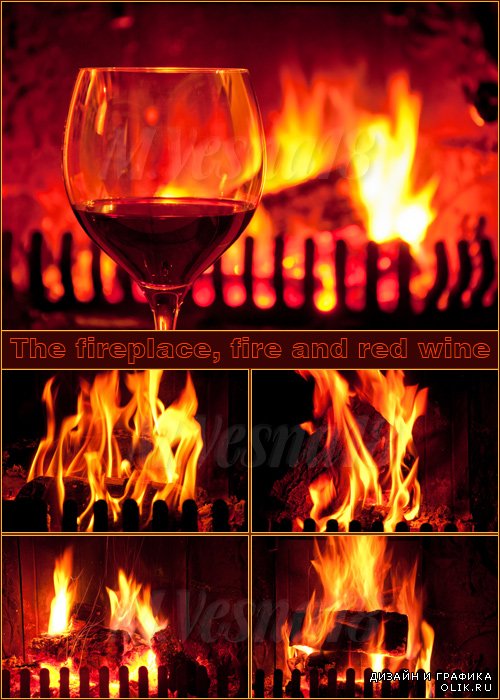 Камин, огонь и красное вино, растровый клипарт / The fireplace, fire and red wine, raster clipart
