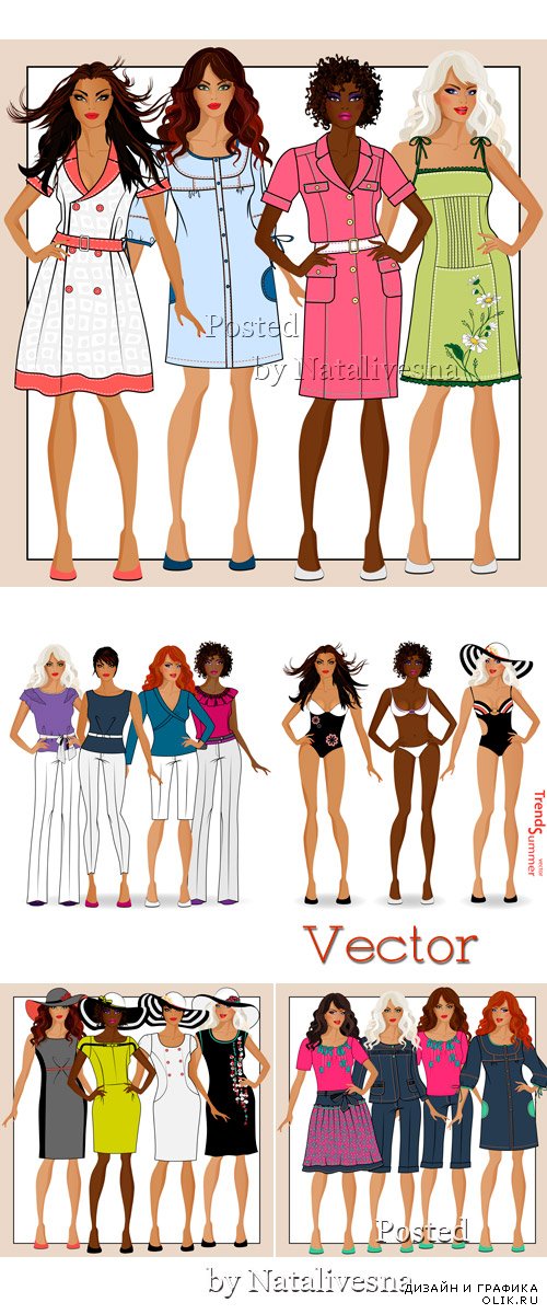 Девушки в Векторе в разных вариантах одежды