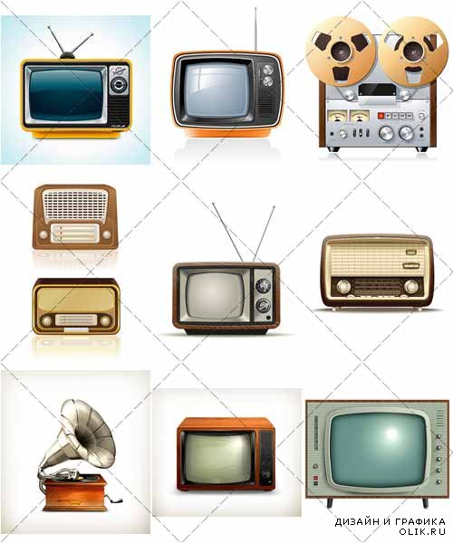 Старая технология, телевидение и радио оборудование | Old technology, TV and radio equipment, вектор