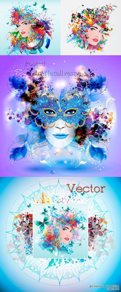 Нежные фоны с цветами, бабочками с лицами девушек в векторе 