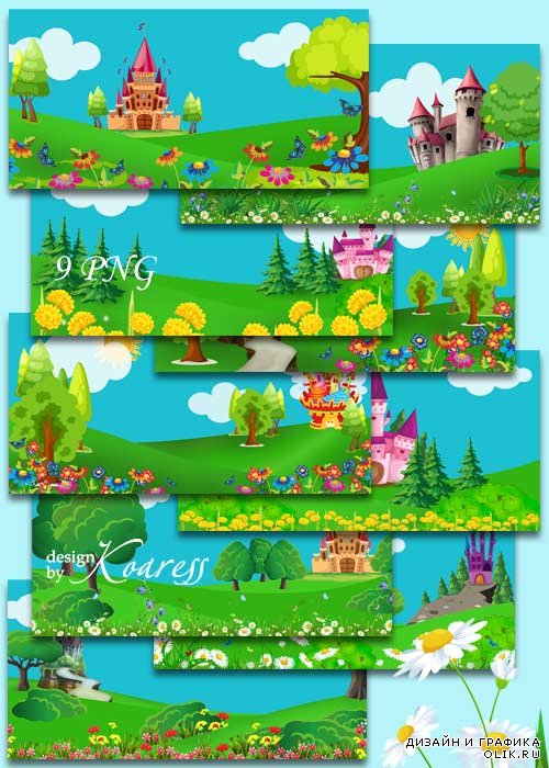 Детские фоны для дизайна со сказочными нарисованными замками, цветами, деревьями