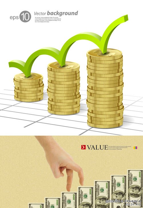 Business infographics dollar bills coins (Vector)