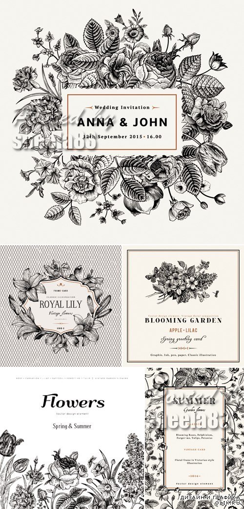 Black and White Floral Cards Vector 2