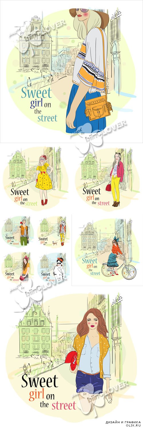 Fashion girls on streets of town sketch illustrations 0591