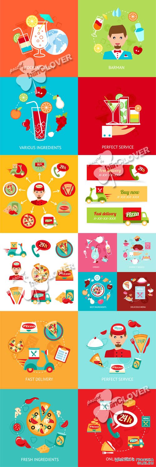 Fast food, pizza, cocktail icons set 0592