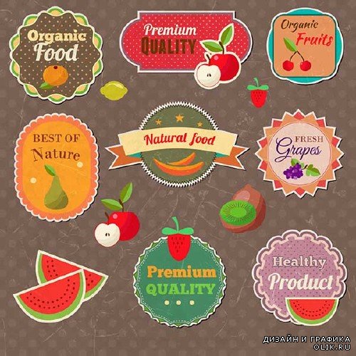 Сборник векторных стикеров и ярлыков на тему фруктов