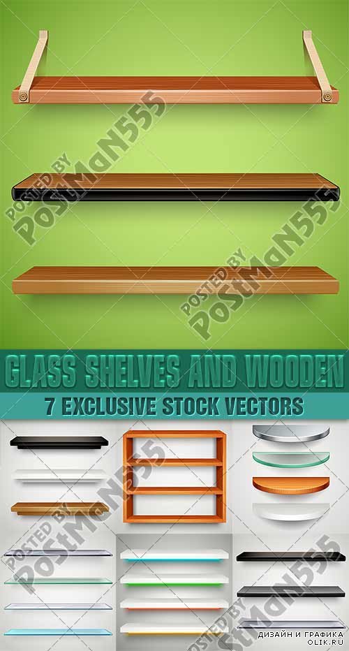 Разной формы полки и стойки, стеклянные, деревянные | Different forms of shelves and racks, glass, wood, вектор