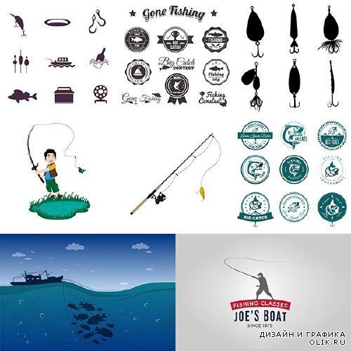 Рыболовные предметы и логотипы в векторе