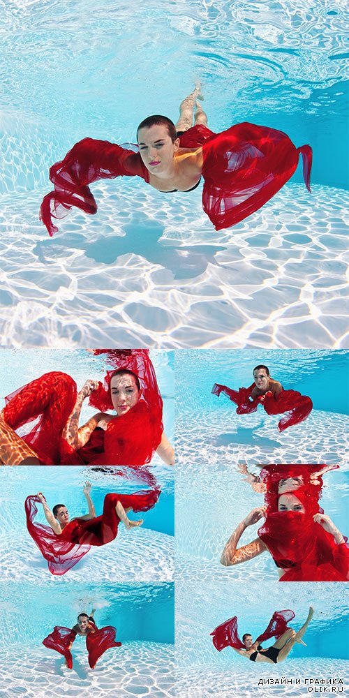 Underwater woman fashion portrait with red veil in swimming pool