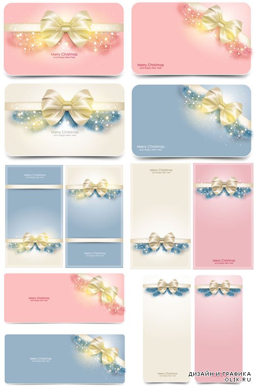 Christmas cards with radiant bow vectors