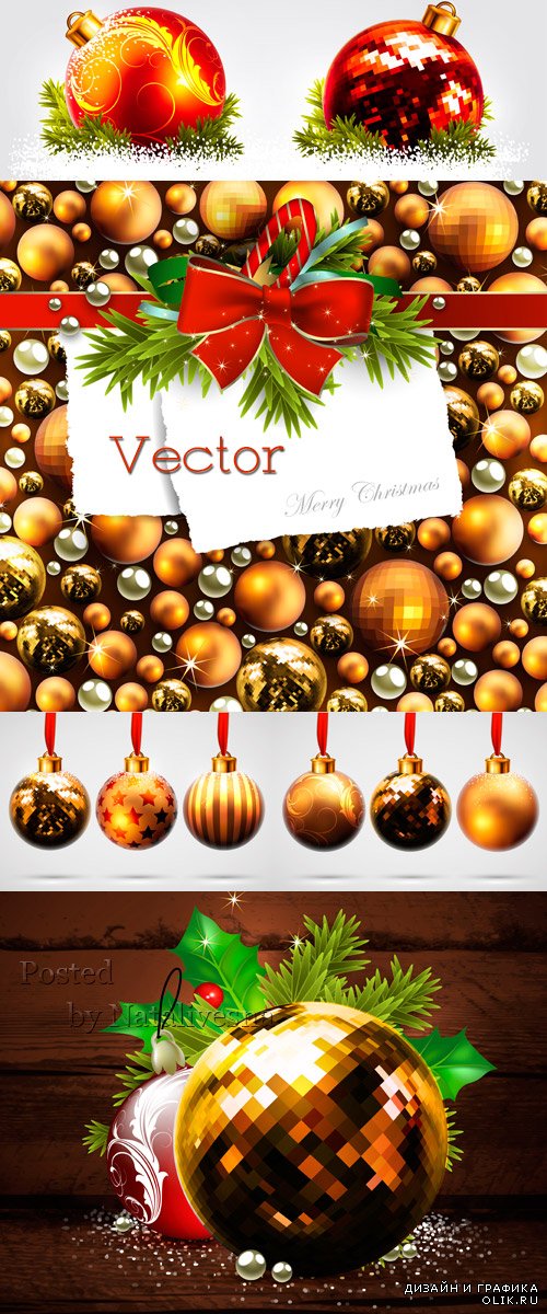 Новогодние фоны в Векторе с елочными шарами и жемчугом  