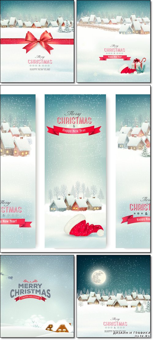 Winter Holiday Christmas banners with villages, night background - Vector