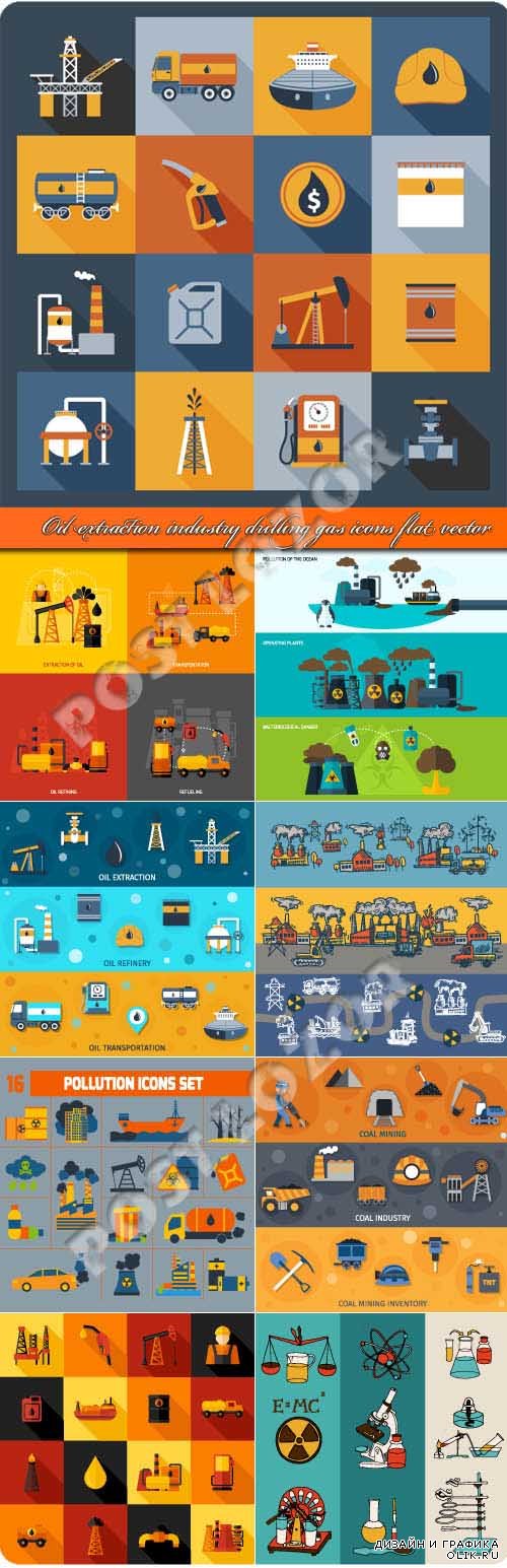 Oil extraction industry drilling gas icons flat vector