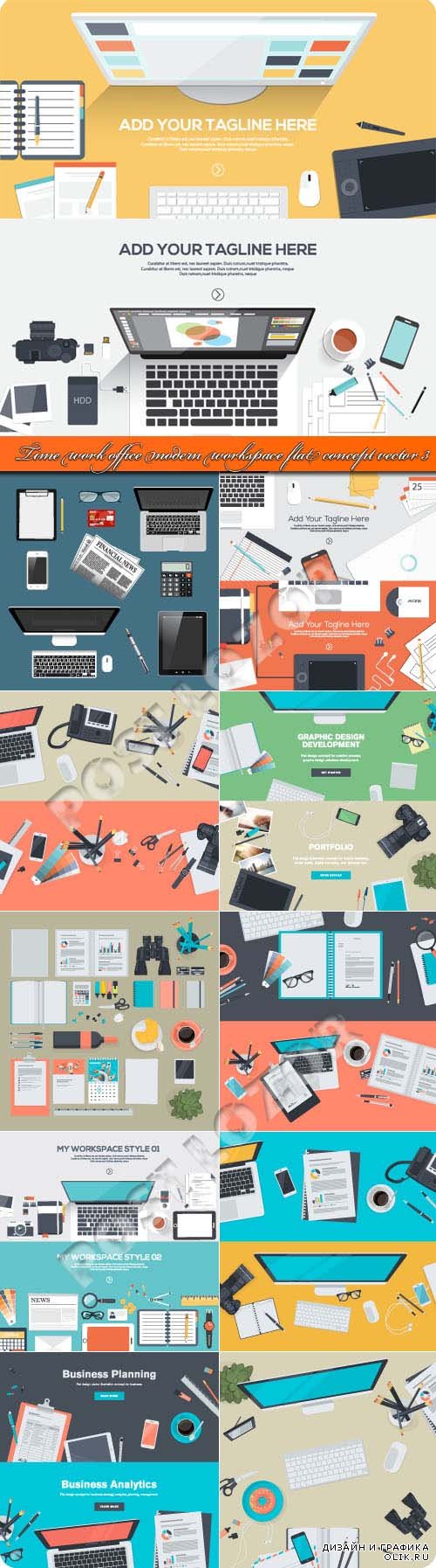 Time work office modern workspace flat concept vector 3