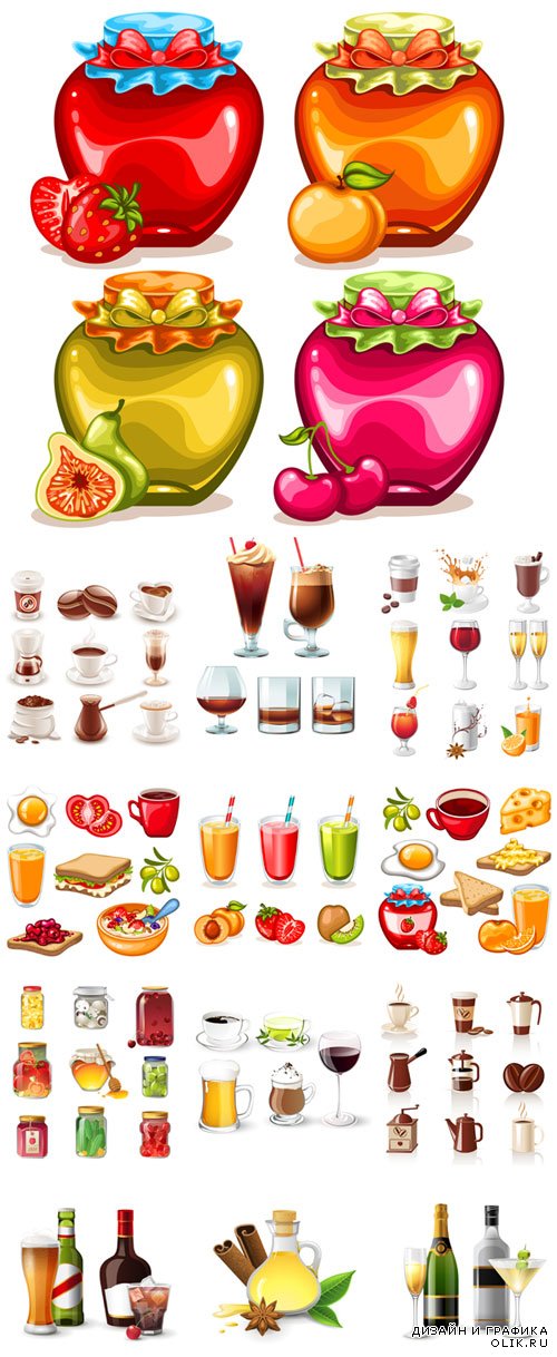 Different delicious drinks, fruit drinks and food vector illustration