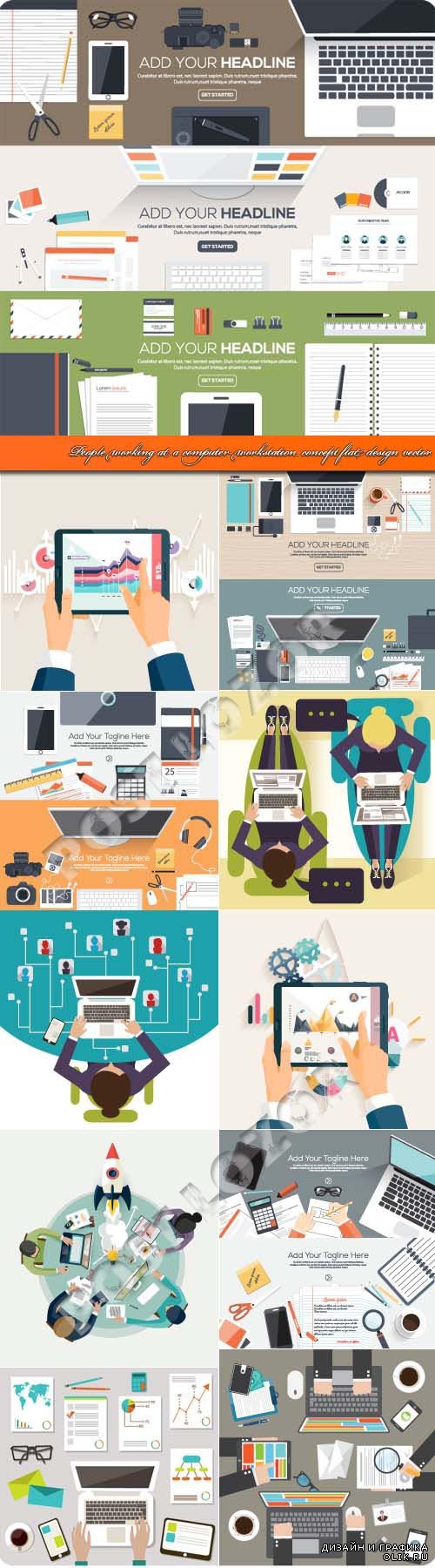 People working at computer workstation concept flat design vector