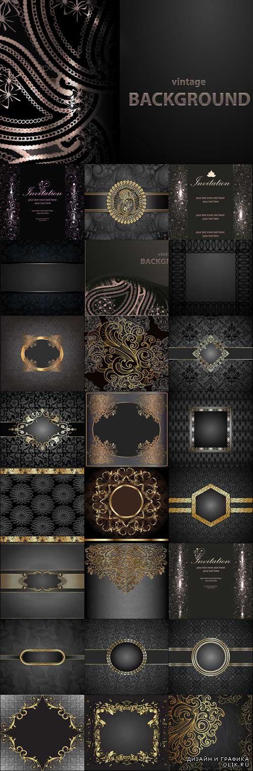 Dark stylish vector backgrounds with delicate gold elements set 2