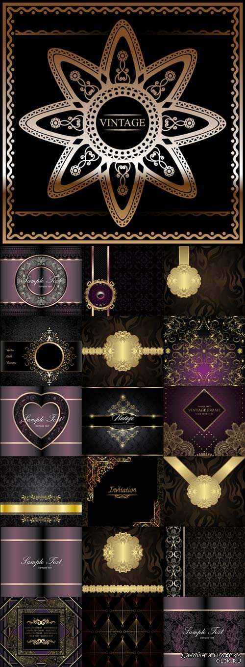 Dark stylish vector backgrounds with delicate gold elements set 3
