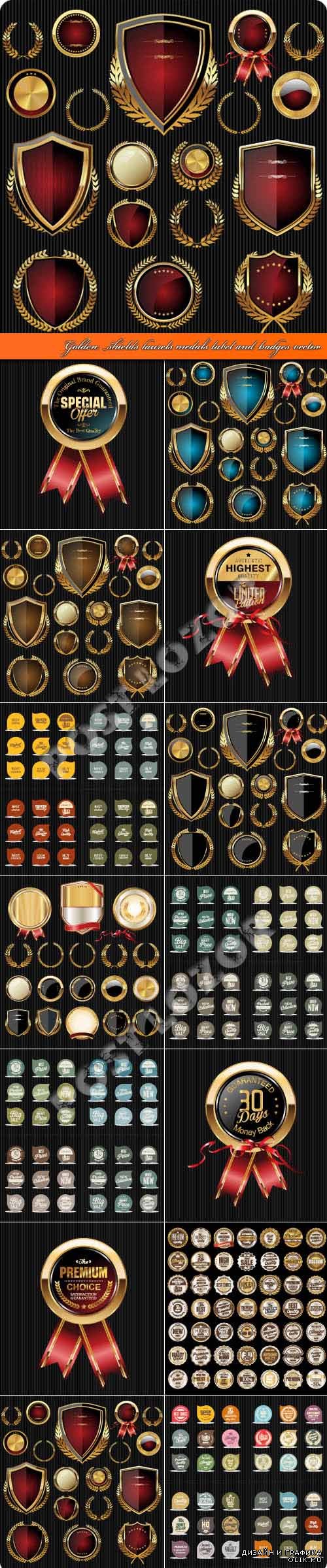 Golden shields laurels medals label and badges vector